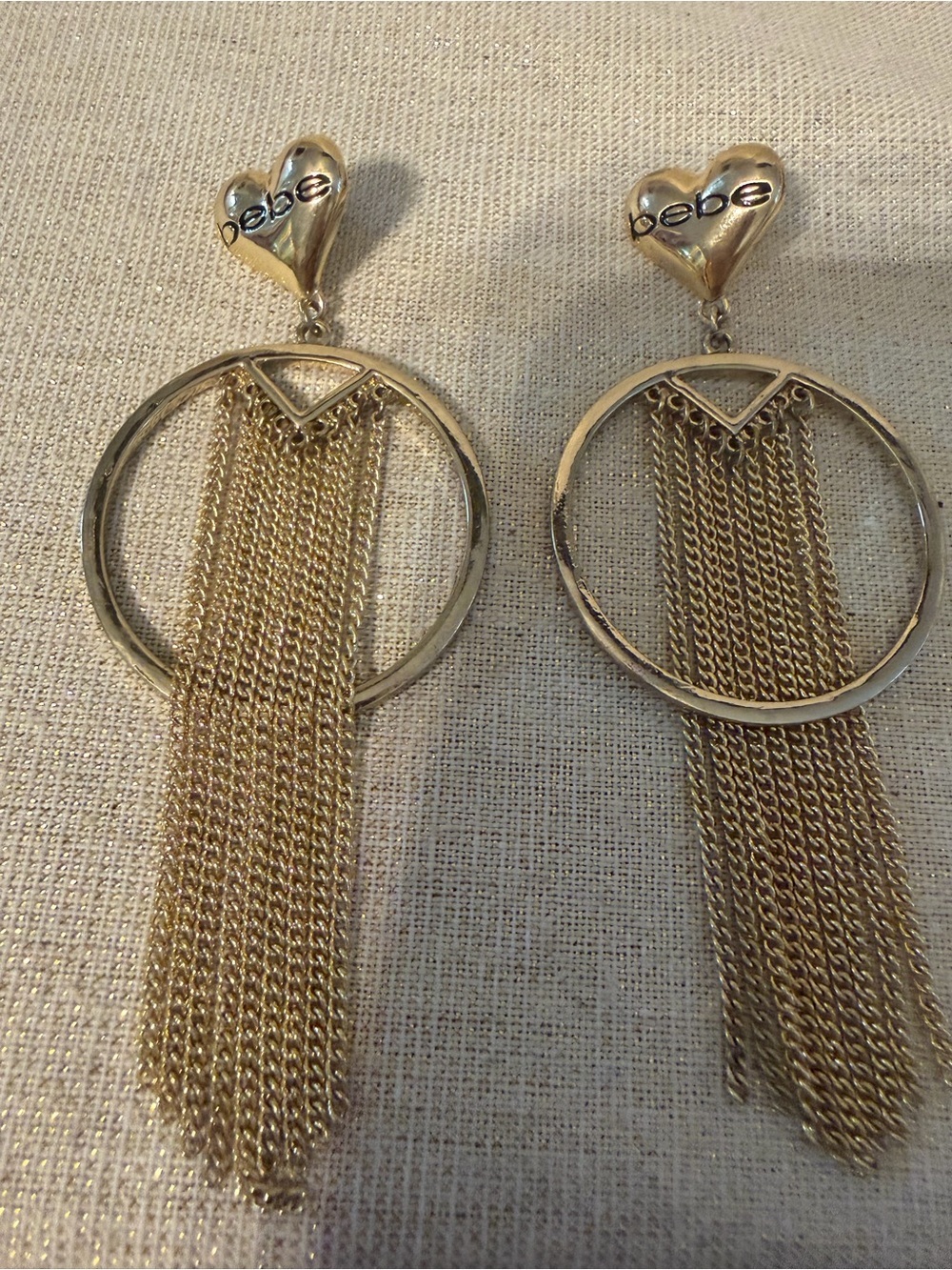 bebe Gold Heart Drop Fringe Hoop Earrings